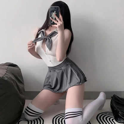 Lencería Sexy de Colegiala para Mujer y Minifalda Plisada