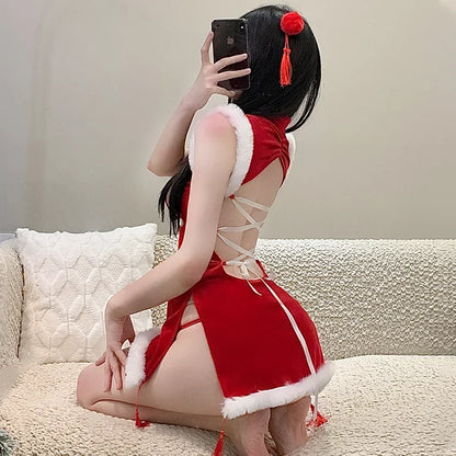 Minivestido Sexy de Navidad Rojo Estilo Qipao Mujer