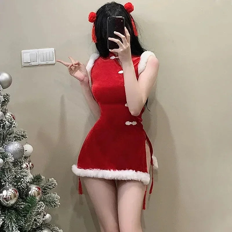 Minivestido Sexy de Navidad Rojo Estilo Qipao Mujer