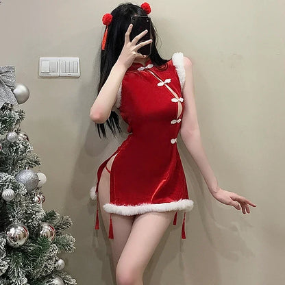 Minivestido Sexy de Navidad Rojo Estilo Qipao Mujer