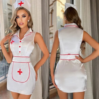 Vestido de Lencería de Enfermera Sexy Sin Mangas Mujer