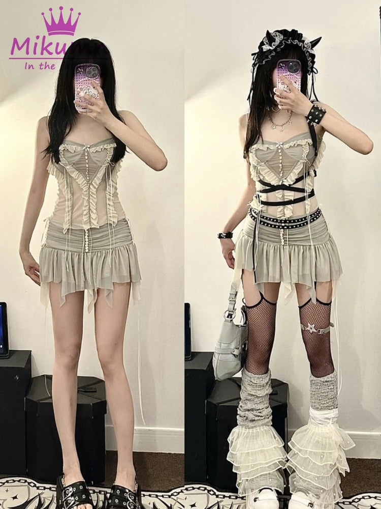 Conjunto de Dos Piezas Y2k para Mujer Con Top Corto